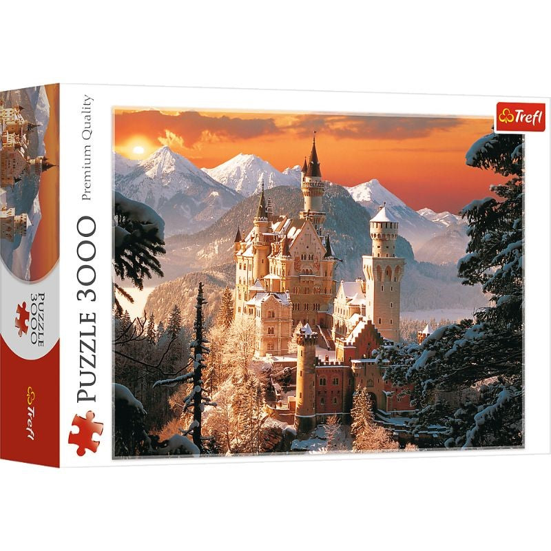 Trefl "3000" puzzle of Neuschwanstein Castle, showcasing a stunning winter scene with high-quality interlocking pieces.