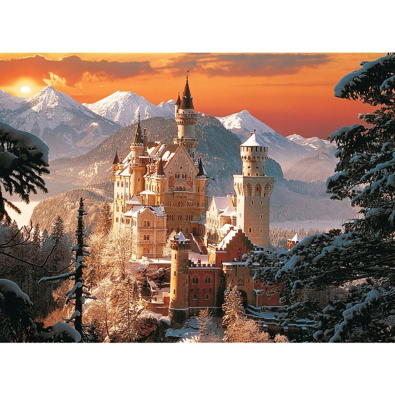 "Trefl '3000' puzzle featuring a winter view of Neuschwanstein Castle, crafted from durable blue-board for lasting enjoyment."