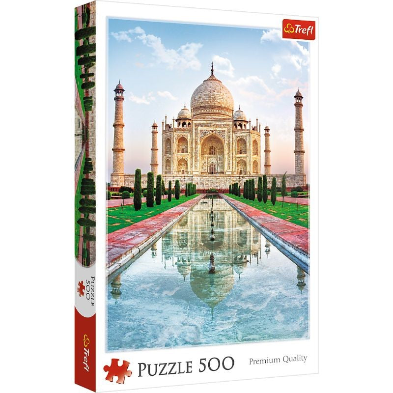 Trefl '500' Taj Mahal puzzle featuring precision-cut pieces, showcasing the iconic landmark for engaging family fun.