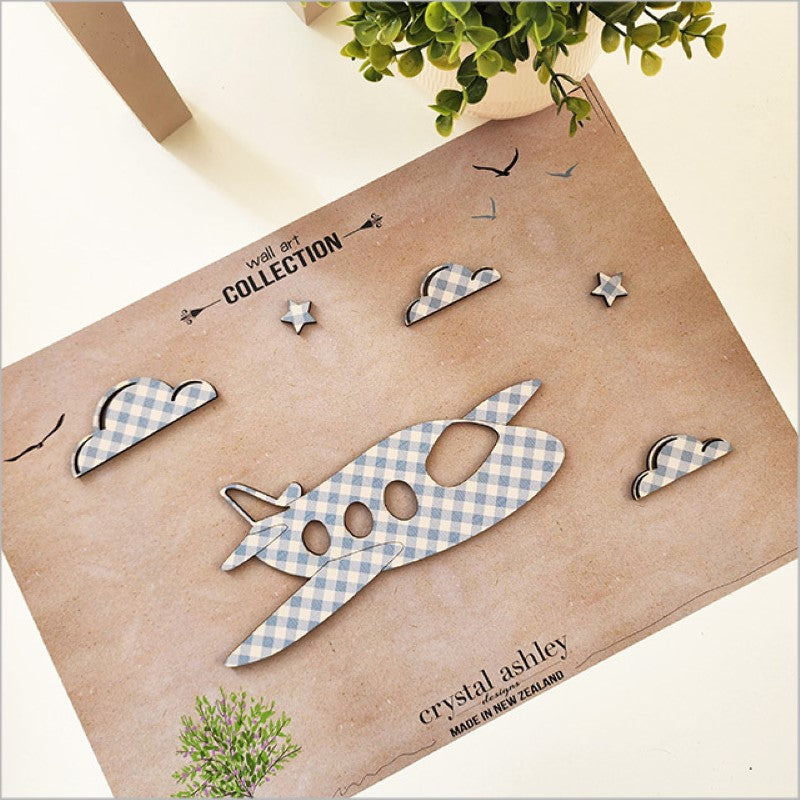 Charming blue check aeroplane wall art set, featuring one plane, three clouds, and two stars, perfect for children's decor.