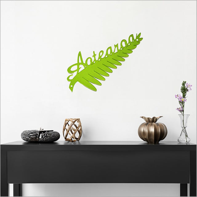 Kiwiana wall art featuring a large lime Silverfern design, perfect for enhancing home or office decor.