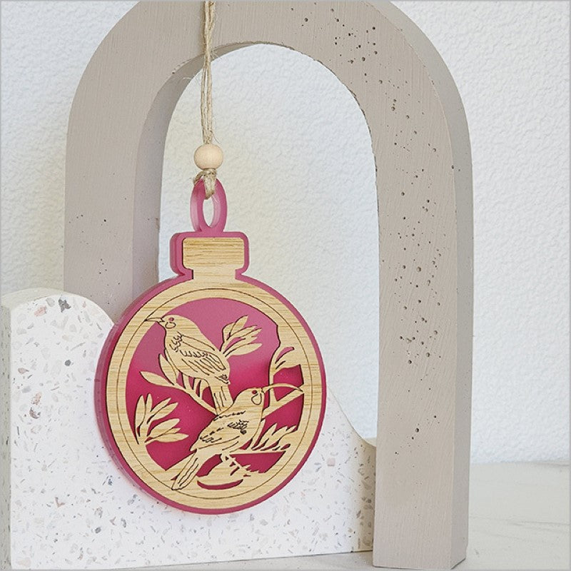 Pink satin acrylic Hanging Ornament featuring a laser-cut bamboo design, perfect for Christmas or year-round decor.