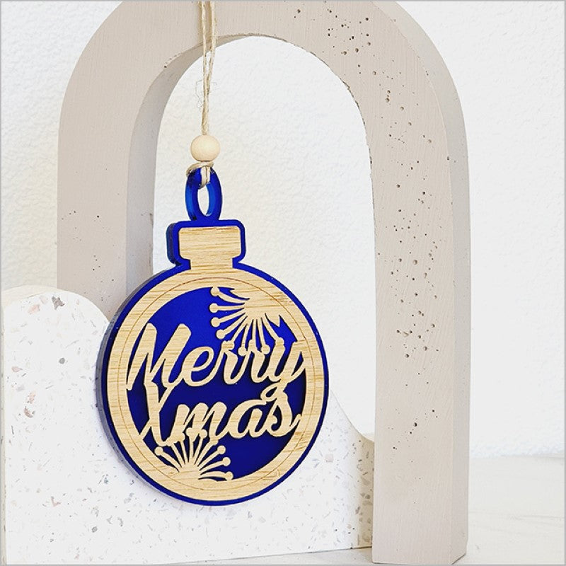 Blue satin acrylic bauble ornament with laser-cut bamboo design, perfect for festive decorating and gifting.