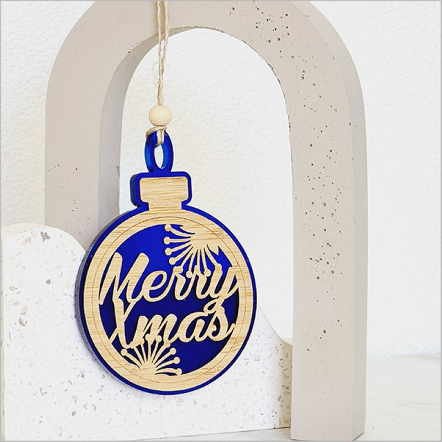 Blue satin acrylic bauble ornament with laser-cut bamboo design, perfect for festive decorating and gifting.