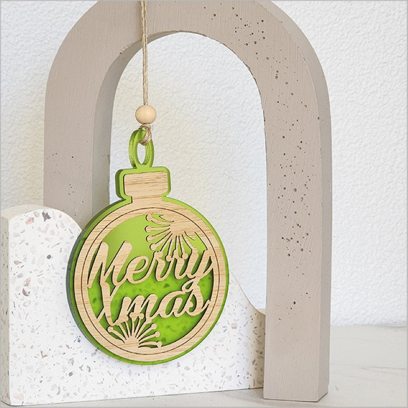 Lime satin acrylic bauble ornament featuring laser-cut bamboo, ideal for festive decor or thoughtful gifts, measures 80mm x 110mm.