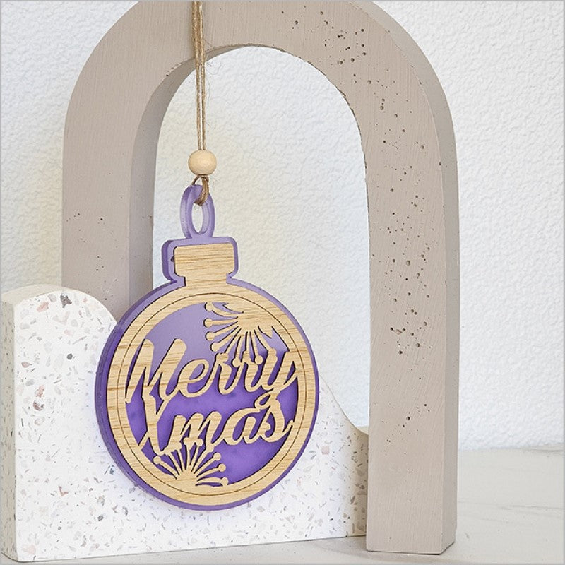 Purple satin acrylic Christmas bauble ornament, laser-cut design, ready to hang, perfect for holiday decor or gifts.