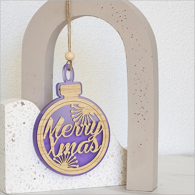 Purple satin acrylic Christmas bauble ornament, laser-cut design, ready to hang, perfect for holiday decor or gifts.
