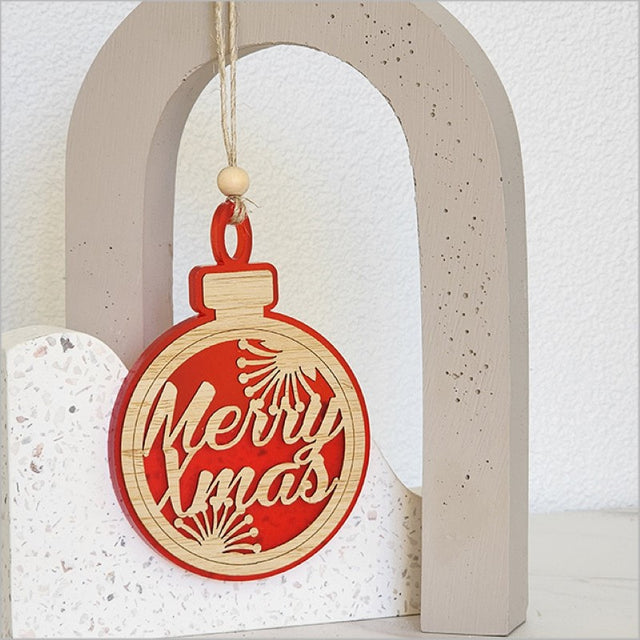 Red satin acrylic bauble ornament featuring "Merry Xmas" text, perfect for festive decor and holiday gifts.