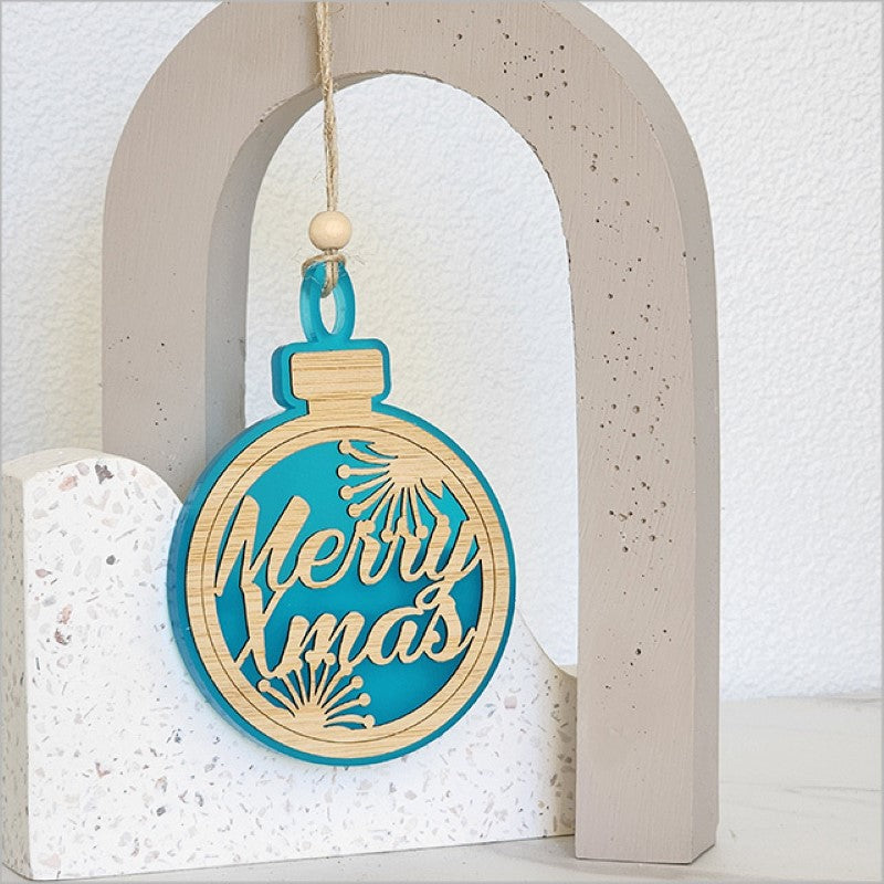 Teal acrylic hanging ornament with a bamboo design, perfect for Christmas tree decor and thoughtful gifts.