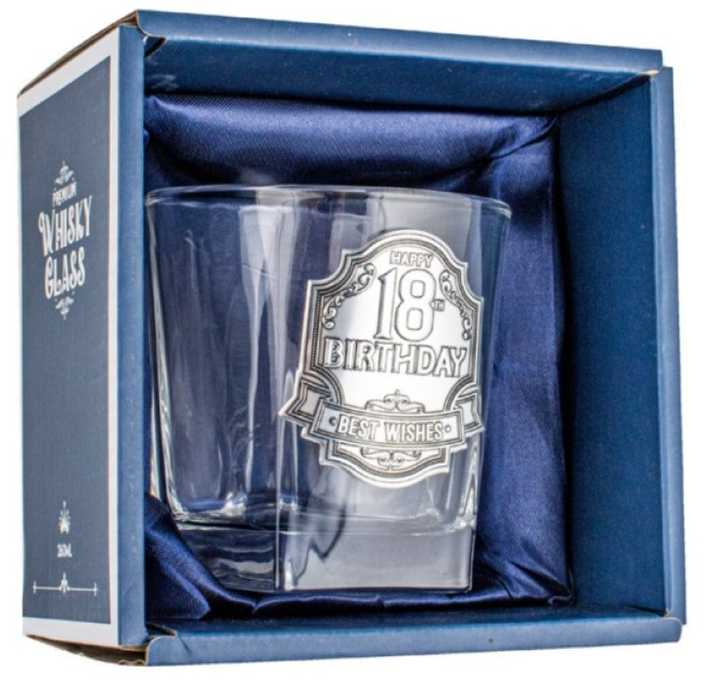 Elegant 210ml spirit glass with engravable pewter badge, perfect for personalized gifts and special occasions.