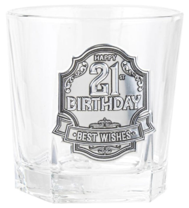 Engravable 21st Spirit Glass (210ml) featuring a pewter badge, perfect for personalized gifts and special celebrations.