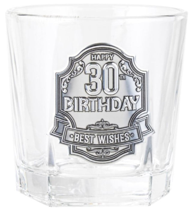 Engravable 30th spirit glass with pewter badge, perfect for toasting and celebrating milestones in style.