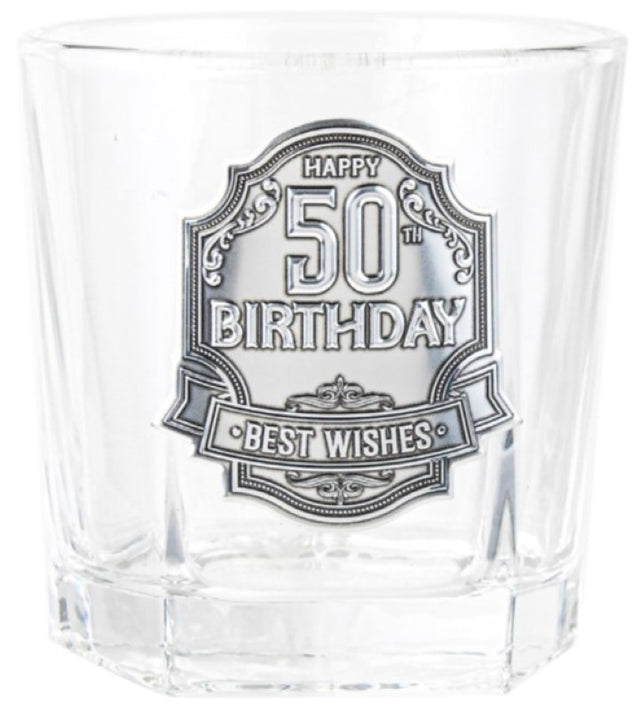 Engravable 50th Spirit Glass (210ml) with pewter badge, perfect for commemorating milestones and special occasions.