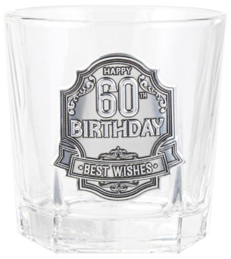 Elegant 60th Spirit Glass with engravable pewter badge, perfect for toasting milestones and cherished memories.