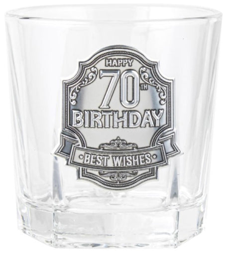 Elegant 210ml spirit glass with engravable pewter badge, perfect for celebrating milestone occasions like 70th birthdays.