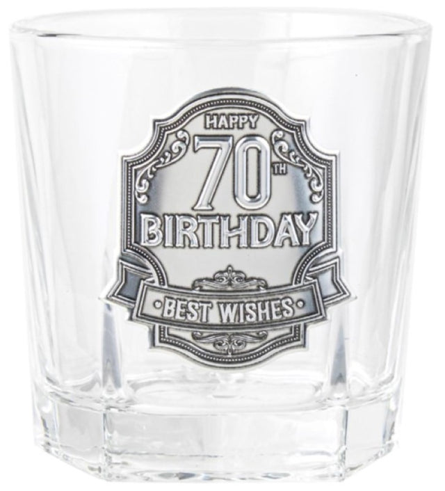 Elegant 210ml spirit glass with engravable pewter badge, perfect for celebrating milestone occasions like 70th birthdays.