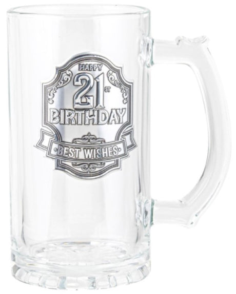 Engravable 490ml pewter tankard with elegant badge, perfect for personalizing celebrations and memorable gifts.