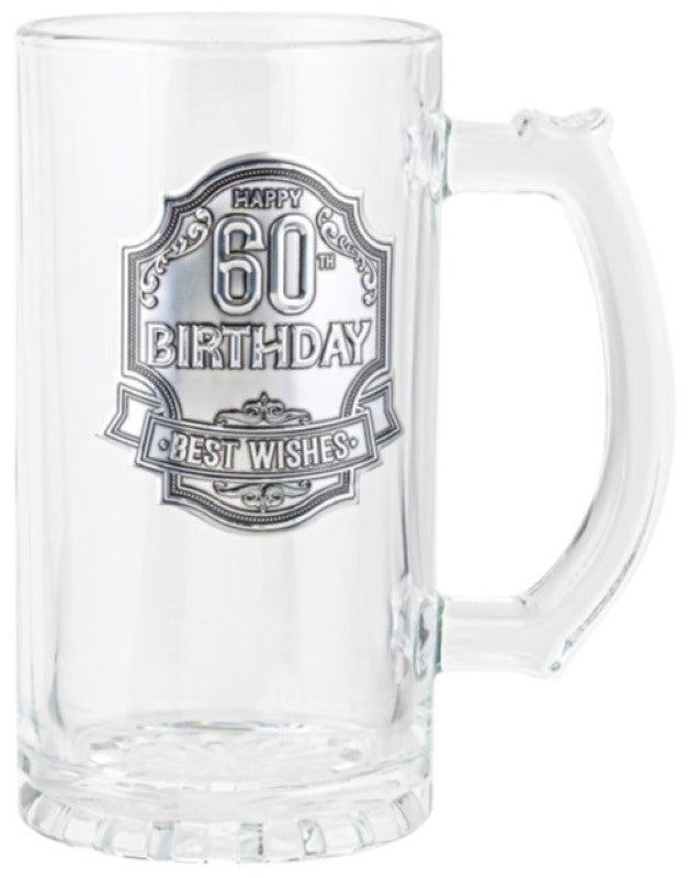 Engravable 60th tankard in polished pewter, holds 490ml, perfect for celebrating milestone birthdays with personalized touches.