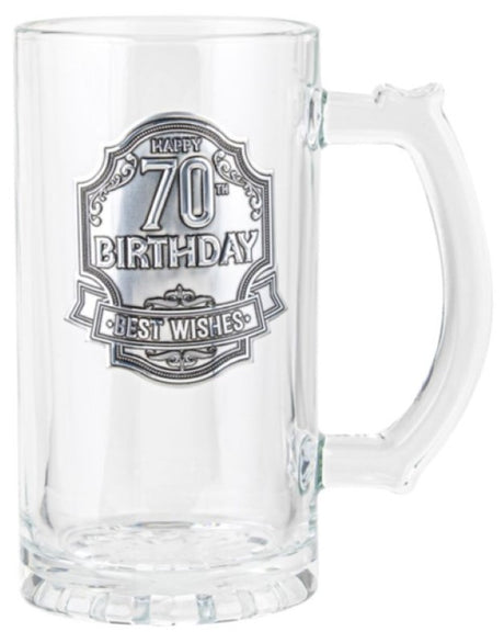 Engravable 70th pewter tankard (490ml) with elegant design, perfect for celebrating milestone birthdays and special occasions.