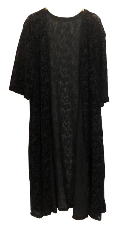 Elegant black velvet burnout cape, one-size-fits-most, featuring flowing design and luxurious texture for stylish layering.