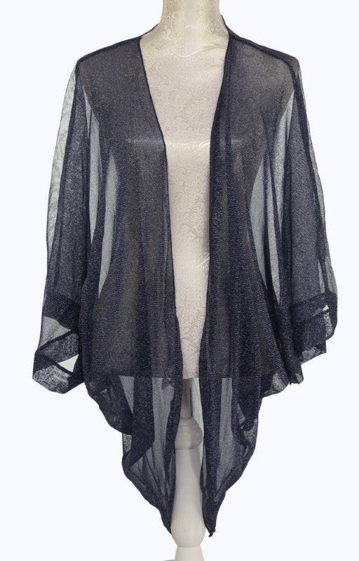 Navy lurex shrug cape with luxurious sheen, perfect for layering and adding glamour to any outfit.