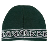 Green and white Maori Waikato beanie, made from soft wool, combining warmth, comfort, and cultural heritage in a stylish design.