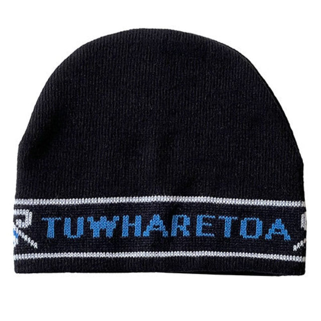 Cozy Maori T?wharetoa beanie in black, blue, and white wool, celebrating New Zealand heritage and culture.