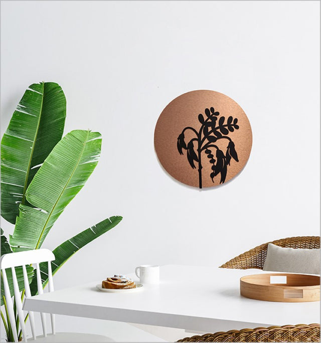 Brushed copper and black acrylic circular art piece, 370mm diameter, perfect for indoor and outdoor decor.