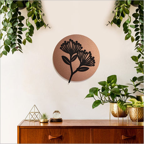 Art Circle - Pohutukawa features brushed copper and black acrylic, perfect for indoor/outdoor decor with a 370mm diameter.