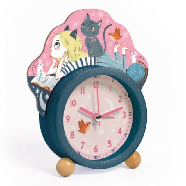 Adorable Little Cat Alarm Clock by Djeco, featuring a silent movement and playful design to help kids learn to tell time.