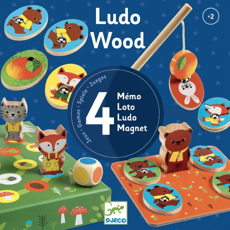 Colorful wooden game set featuring four classic games for toddlers, designed by Djeco with a charming woodland theme.