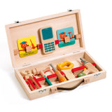 Wooden DIY toolkit for kids with essential tools and model cards for imaginative role-play and skill development.