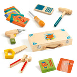 Wooden DIY toolkit for kids with tools and model cards for imaginative role-play and skill development. Ideal for ages 3+.