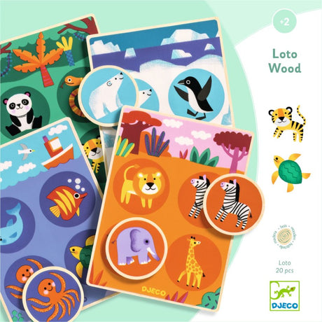 Colorful Loto Wood Game by Djeco for children, featuring vibrant animal illustrations for matching and memory skills.