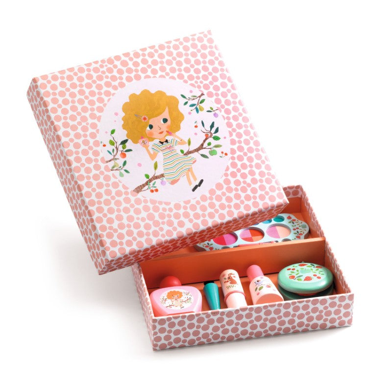 Colorful Lilarose Makeup Kit by Djeco featuring non-toxic cosmetics and whimsical accessories for creative play.