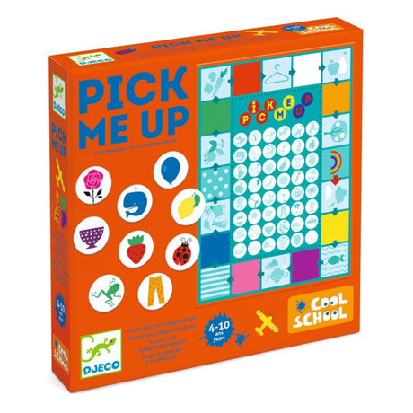 Colorful Pick Me Up Game by Djeco featuring whimsical images for children to sort and connect, enhancing creativity and critical thinking.