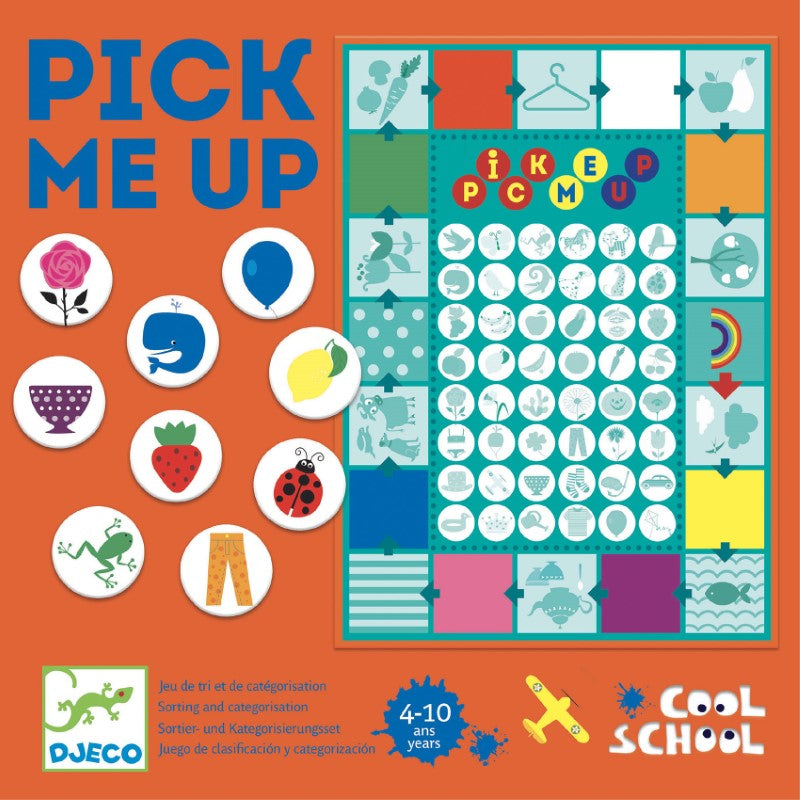 Colorful Djeco Pick Me Up Game with whimsical image tokens, encouraging creativity, sorting skills, and strategic thinking for kids.