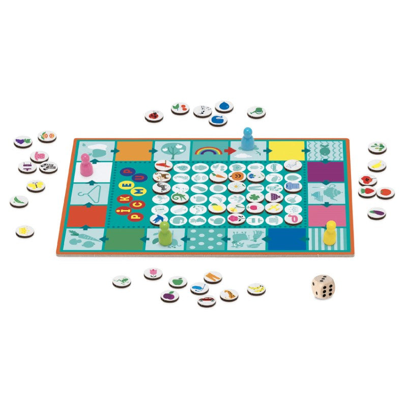 Colorful Djeco Pick Me Up Game featuring whimsical images for sorting and strategic play, ideal for kids aged 4+.