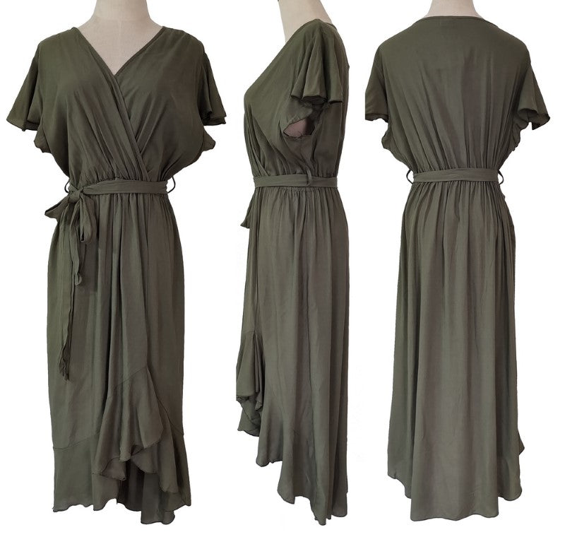 Elegant bias cut hemline dress in large sage, featuring soft viscose, 120cm drop length, and a flattering fit for diverse body shapes.