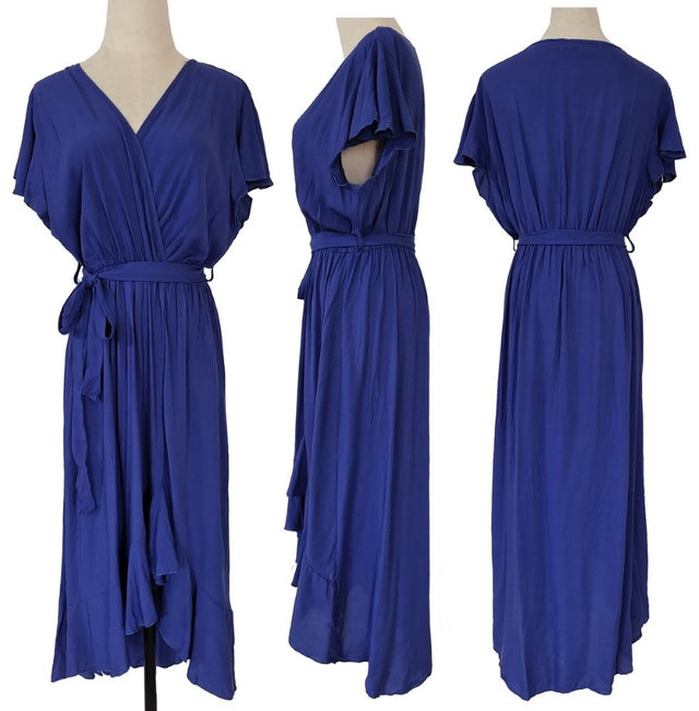 Bias cut hemline dress in large cobalt, made from 100% viscose; stylish and flattering for various occasions.