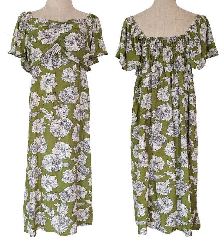 Lime ruched bodice dress in large, 100% viscose, 120cm drop length, stylish for summer events and garden parties.