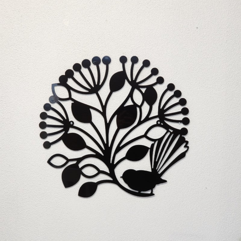 Wall Art - Fantail Pohutukawa Circle Black ACM (Large) - Kiwiana