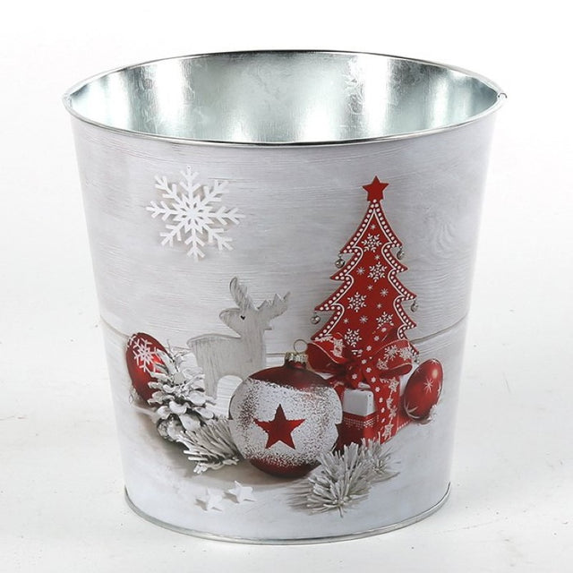 Festive metal pot covers, 17.5 cm diameter, perfect for showcasing plants in holiday decor, set of 2.