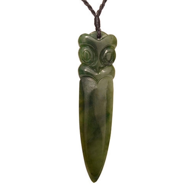 Greenstone Taiaha Tip Pendant: handcrafted Nephrite Jade representing M?ori culture, features adjustable black wax cord for a perfect fit.