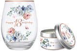 Elegant 520ml stemless glass with dancing roses design paired with a vanilla-scented candle, perfect for celebrations.