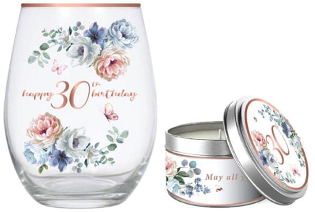 30th stemless glass gift set featuring Dancing Roses design and a warm vanilla candle for memorable celebrations.