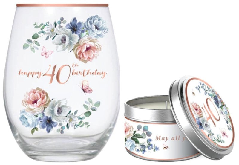 Elegant 40th stemless glass paired with a romantic Dancing Roses & Vanilla Candle gift set for special celebrations.