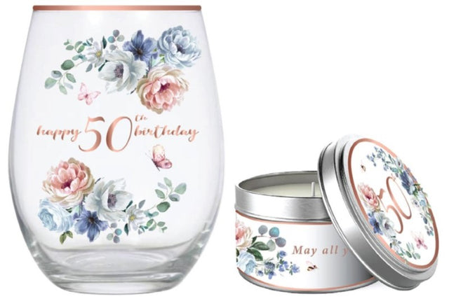 Elegant 50th stemless glass with dancing roses design and accompanying vanilla candle for special occasions.