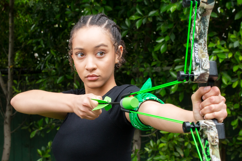 Hyper Strike Bow in Digital Camo with 4 foam-tipped arrows, perfect for outdoor archery fun and safe play for all ages.