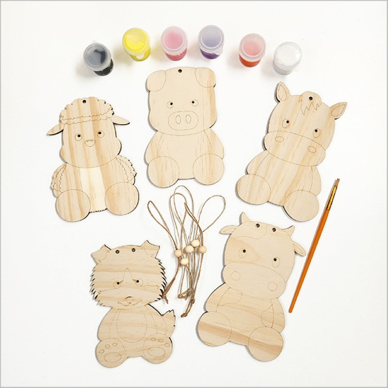 Pine DIY Paint Kit for crafting farm animal hanging ornaments, featuring eco-friendly materials and vibrant paints.